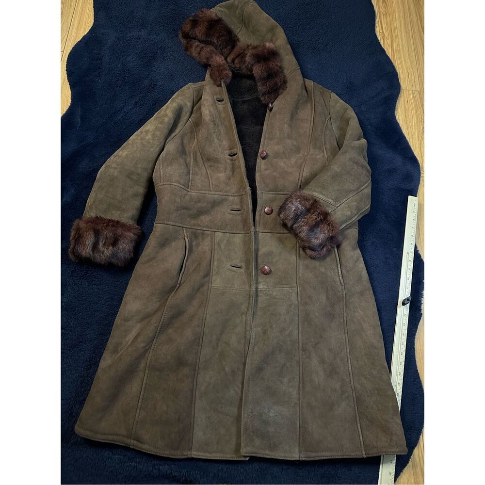 Vintage Shearling Trench Coat Lambskin Hood Women’s XL GR